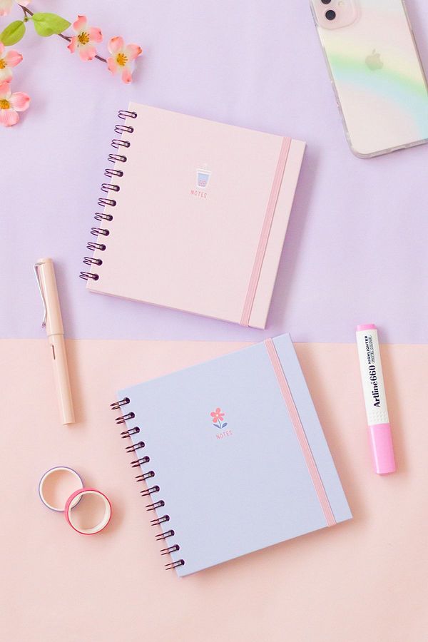 Matt Notebook-15x15 Cm Square Set of 2 Spiral Checkered Undated Notepad Bubble Tea Flower 1