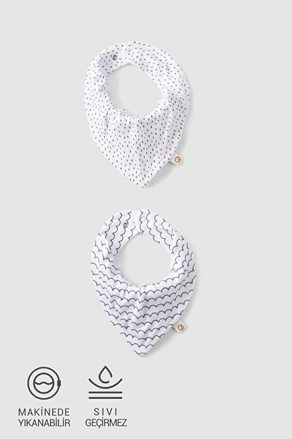 Little Gusto 2'li Sıvı Geçirmez Organik Pamuk Bandana Önlük Seti Marine Desenli