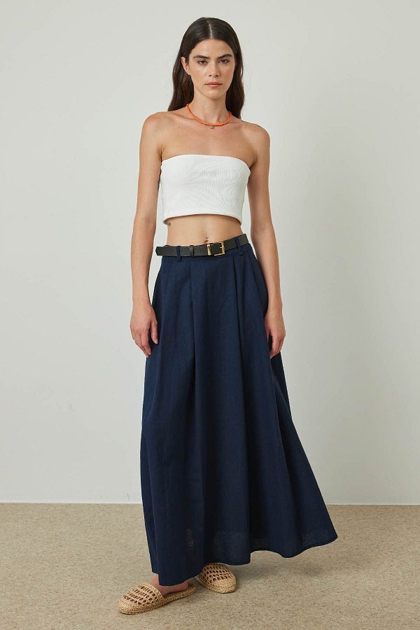Hooopstore Navy Blue Pleated Linen Skirt Trendyol