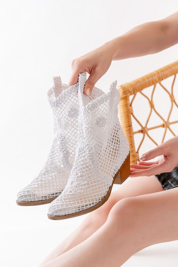 Ms Sugar White Textile Lace Fabric Western Cowboy Short Summer Boots Trendyol