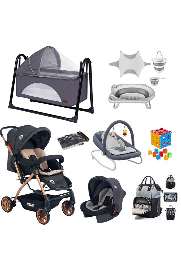4KİDS Bebek Çeyiz Seti 11 Parça Çift Yön Bebek Arabası Puset Sallanır Beşik Ana Kucağı Bebek Küvet Seti