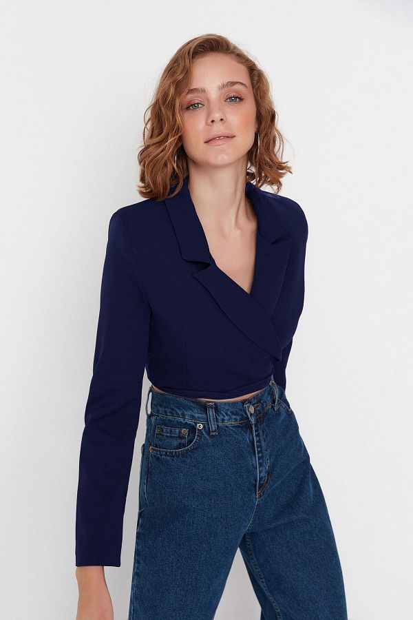 Trendyol Collection-Μπλε Navy Crop δέσιμο Λεπτομερές υφαντό σακάκι σακάκι TWOAW23BC00100 1