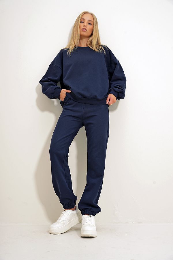 Trend Alacat Stili Navy Blue Women s Tracksuit Set Crew Neck Elastic Waist and Leg Two Thread Alc 507 669 001 Trendyol