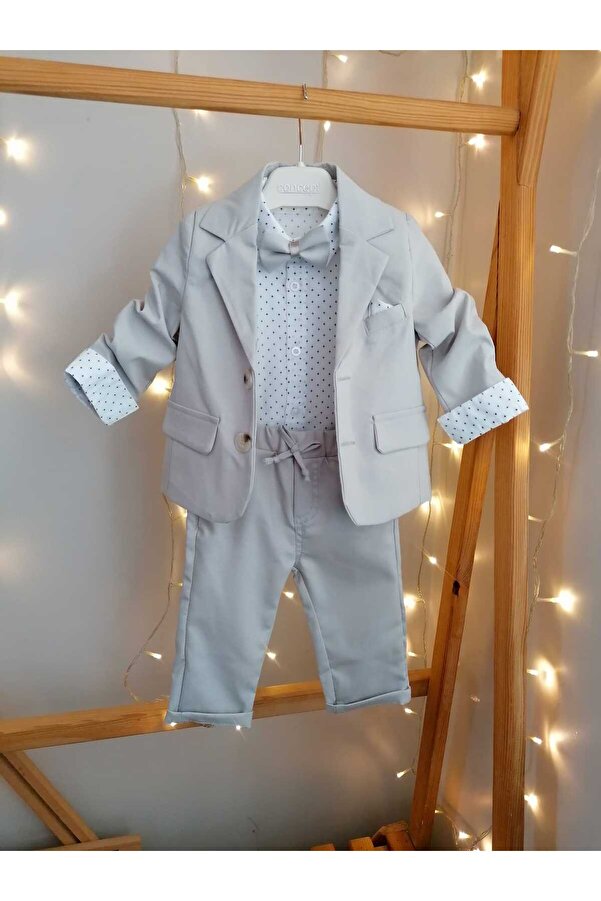 bebeksen Papyonlu CEKETLİ GRİ 4'lü Erkek Bebek Takım Mevlüt Özel Gün Kıyafeti Düğün Bebek Hediyesi