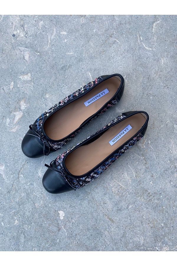 LA PASSION-Women's Casual Ballerinas, Genuine Leather Black Tweed Ballerinas 1