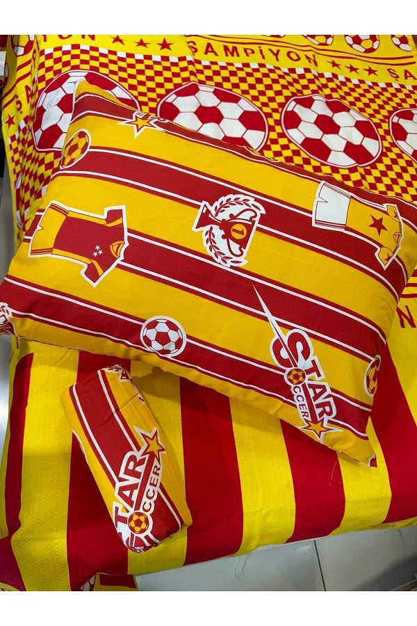 ŞENER HOME-Yellow-Red Single Pique Set - Fan Pattern and Elastic Sheet 1