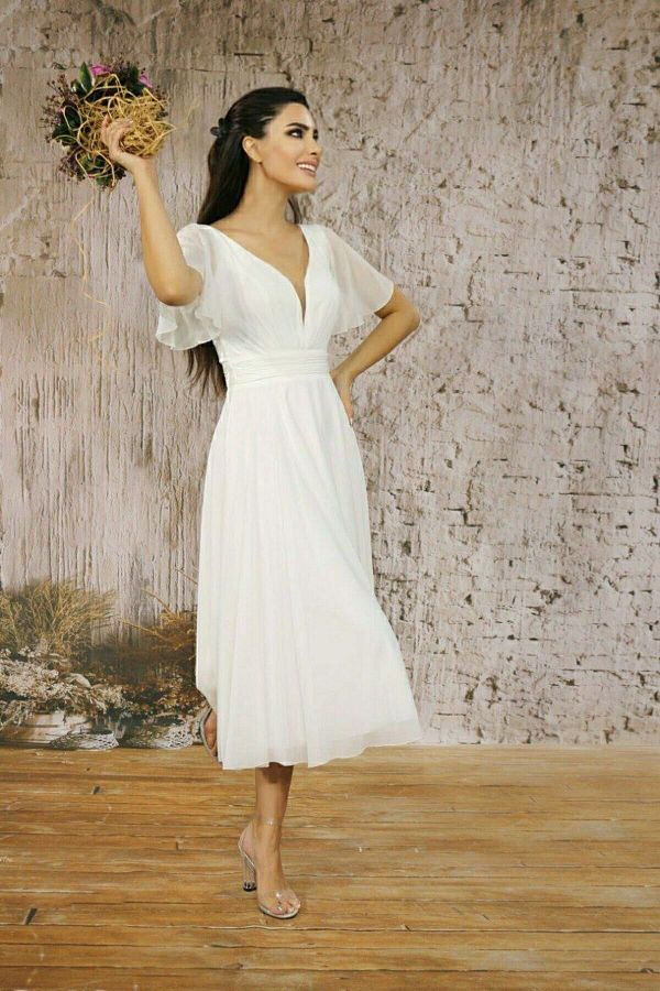 FaBe Fashion SHORT SLEEVE HEART COLLAR WAIST STRAPPED MIDI CHIFFON DRESS WEDDING ENGAGEMENT PURPOSE OUTSIDE SHOOT Trendyol