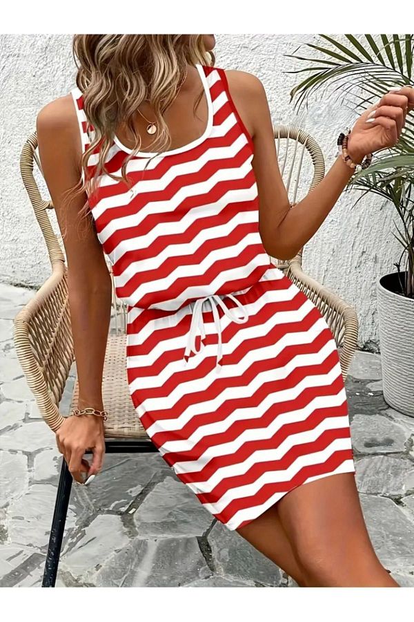 FASHION Round Neck and Belted Waist Patterned Thick Strap Women s Single Jersey Dress Trendyol