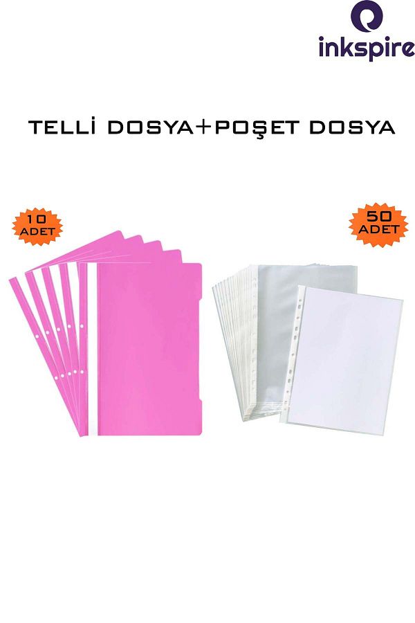 inkspire-A4 Pink Wire and 50 Transparent Bag Files - Föy File with Hole on the Edge 1