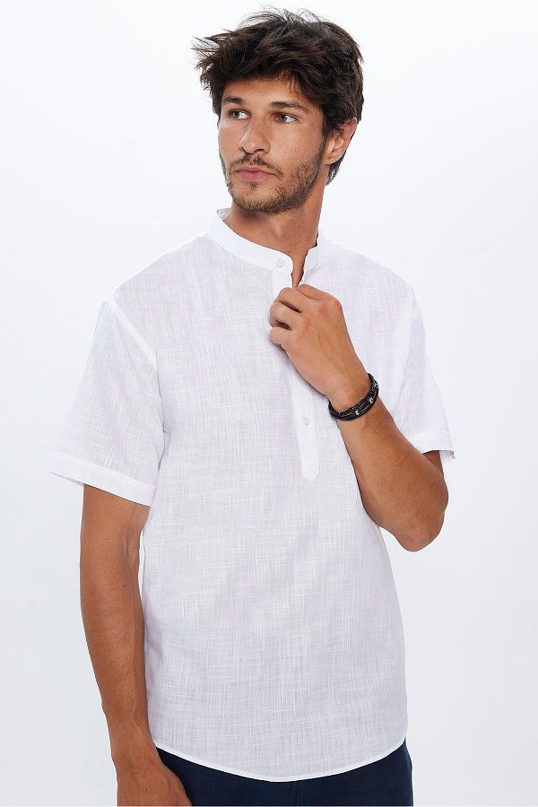 Tudors-White Prevailing Collar - 100% Cotton Linen Shirt, Short Sleeve, Relax Fit Dobby Men's Shirt 1