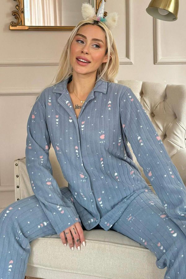 Pijamaevi-Gray Heart Patterned Front Buttoned Plush Fleece Pajama Set 1