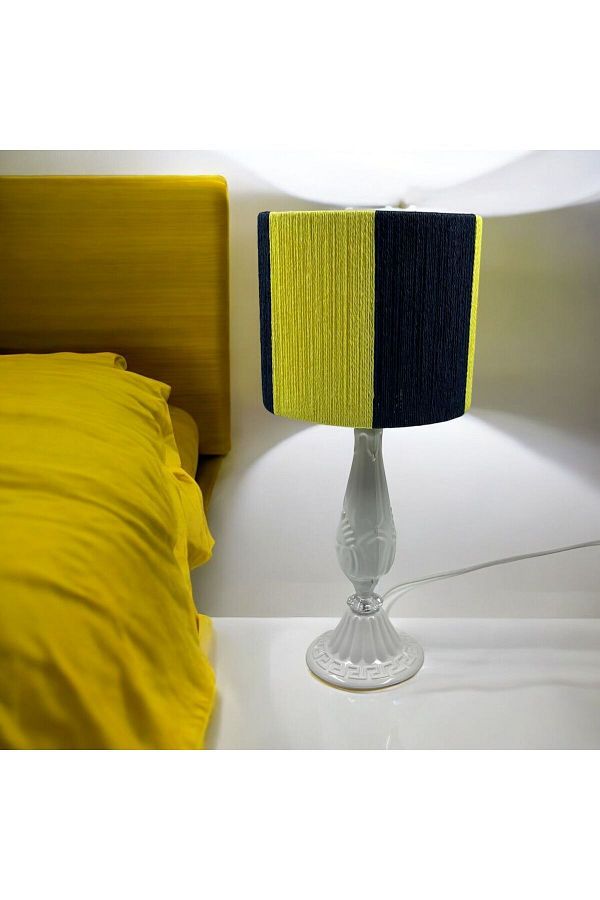 HARFA TEKNOLOJİ-Yellow Navy Blue Wicker Braided Fan Fantic Lampshade - Metal Leg 1