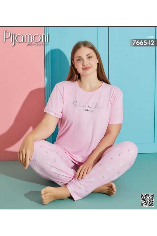Pijamoni-Daisy Patterned Bamboo Large Size Pajamas Set 1