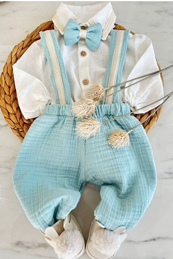 bohemiankids baby wear Yeni Doğan Erkek Slopet Takım Müslin Kumaş Bebe Mavisi