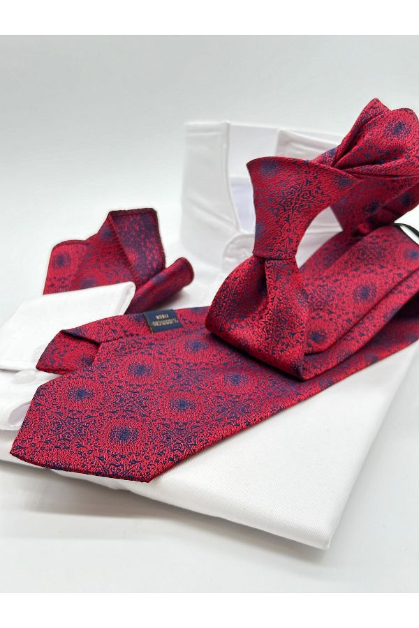 Gutiero-Red Patterned Classic Tie with Handkerchief 1