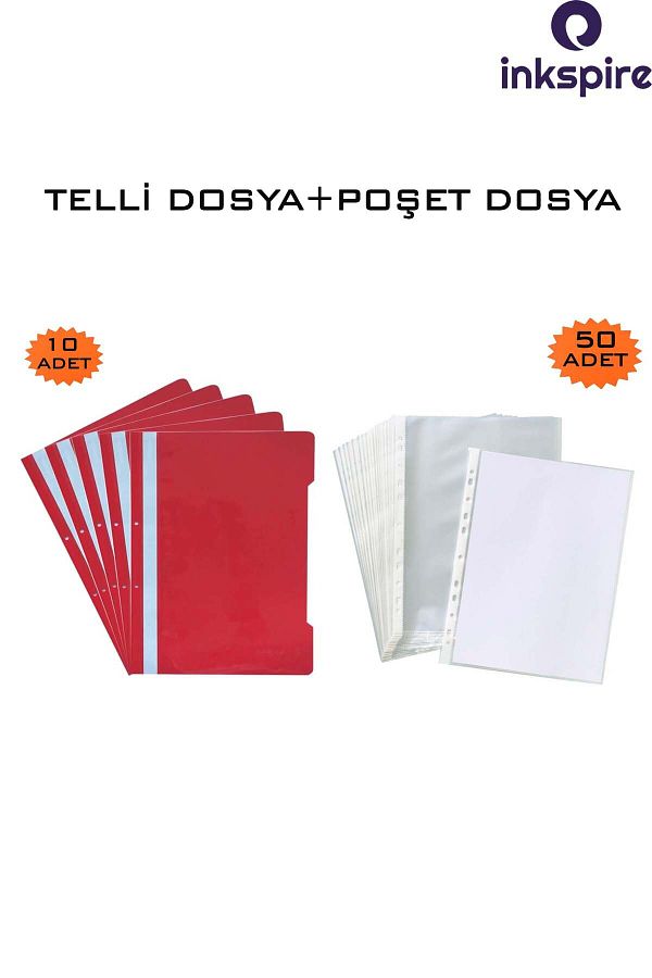 inkspire-A4 Red Wire and 50 Transparent Bag Files - Föy File with Hole on the Edge 1