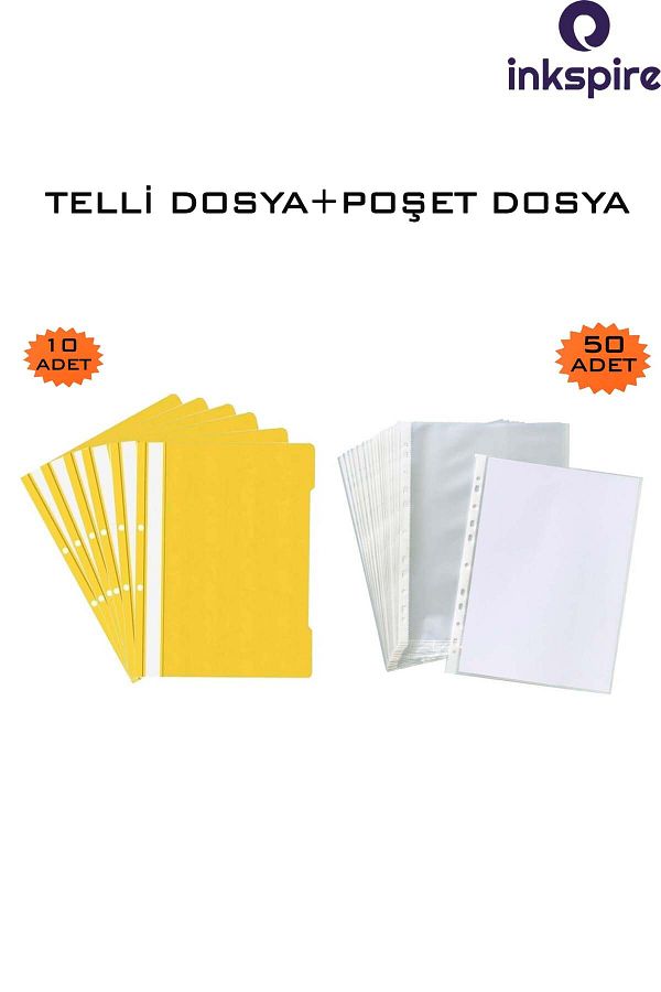inkspire-A4 Yellow Wire and 50 Transparent Bag Files - Föy File with Hole on the Edge 1