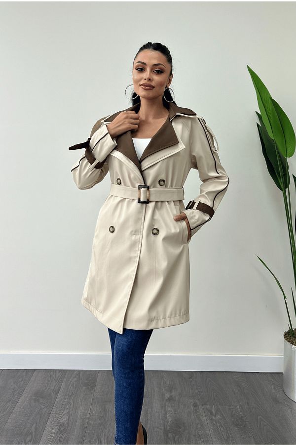 giyimmasal Bondit Fabric Trench Coat Design Cream Trendyol