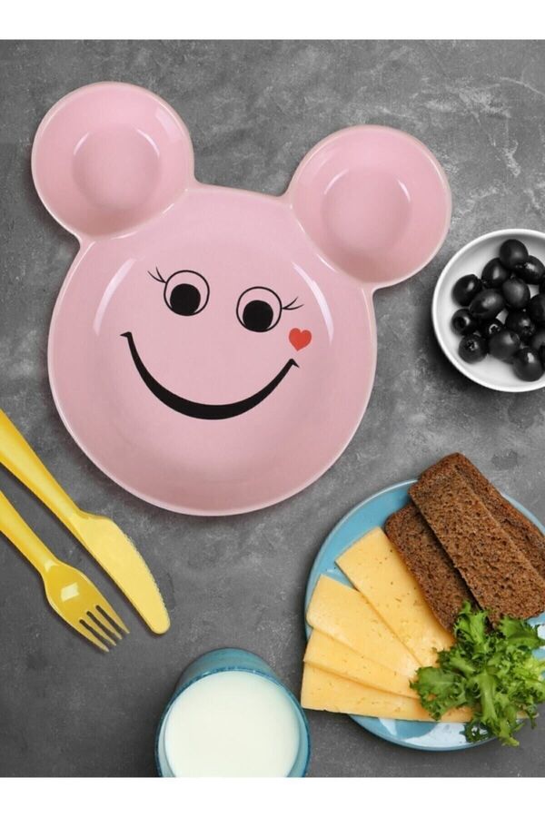 Artistic Quality Eğlenceli Çocuk Gülen Yüz Emojili Mama, Yemek, Kahvaltı Ve Pasta Tabağı 1 Adet Pembe