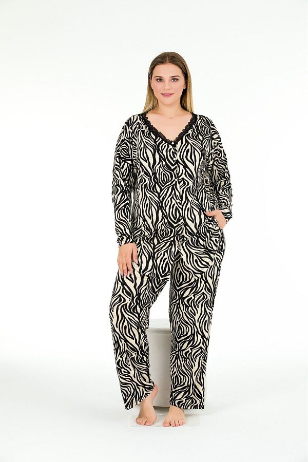 Truva XXL-Plus Size Button Zebra Print Long Sleeve Pajamas Set 1
