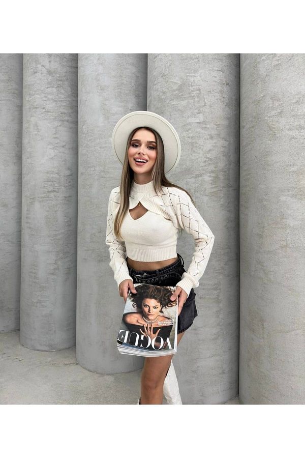 İLKCET MODA-طقم علوي مزدوج منسوج بقصة ضيقة مع بوليرو 1