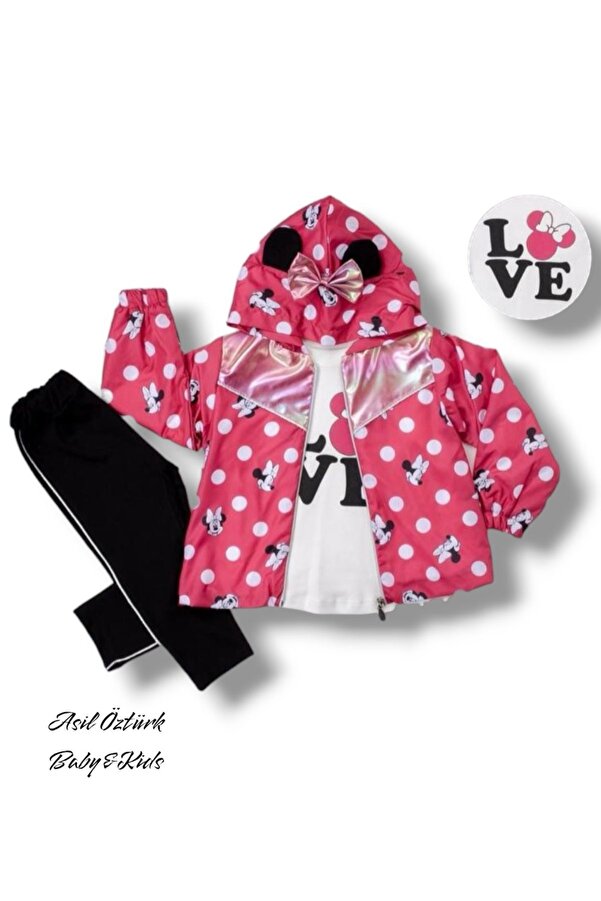ASİL ÖZTÜRK BABY KİDS Agumini Kız Bebek Çocuk Mickey Minnie Mouse Yağmurluk Montlu Alt Üst 3'lü Tarz Takım