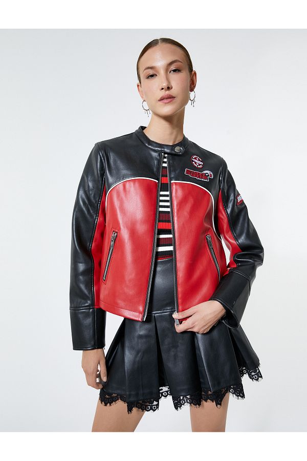 Koton Biker Jacket Faux Leather Applique Detailed Zippered Trendyol