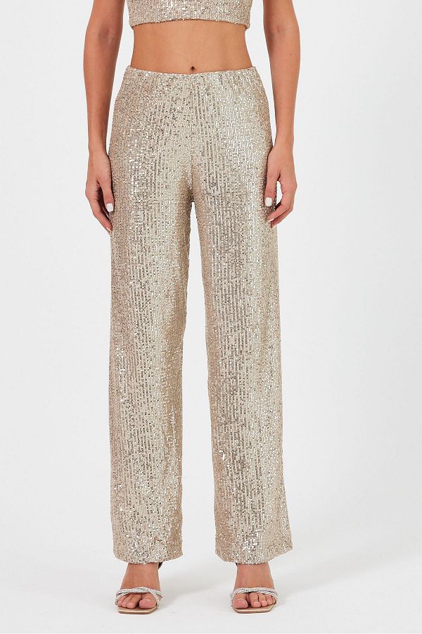 soBasic-High Waist and Lined Elastic Sequin Trousers - Gold 1
