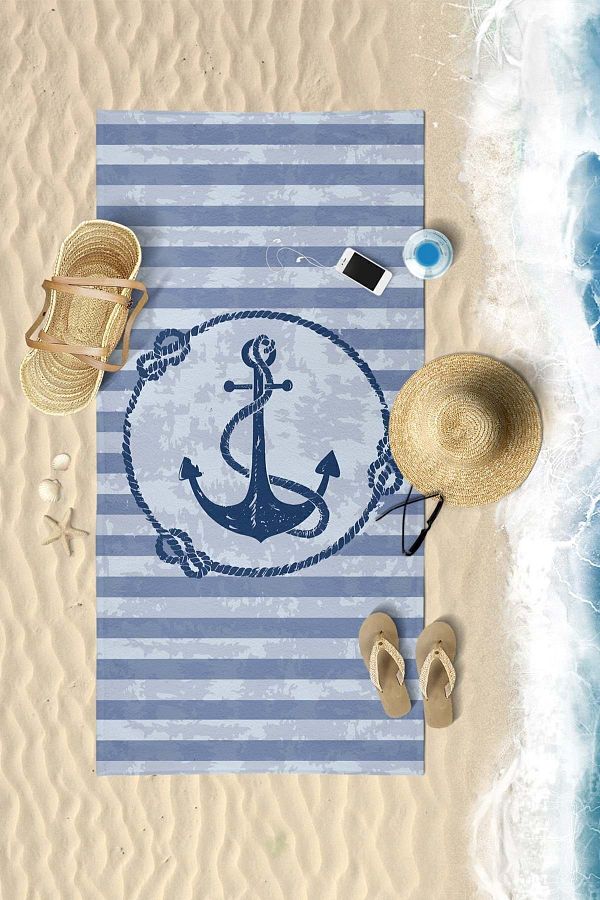 VEVİEN HOME-Striped Anchor Pattern Digital Printed 75x150 Cm Beach Towel 1