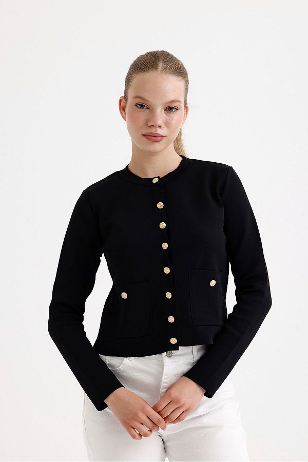 fujya Women s Crew Neck Stylish Buttoned Double Pocket Black Knitwear Cardigan Trendyol