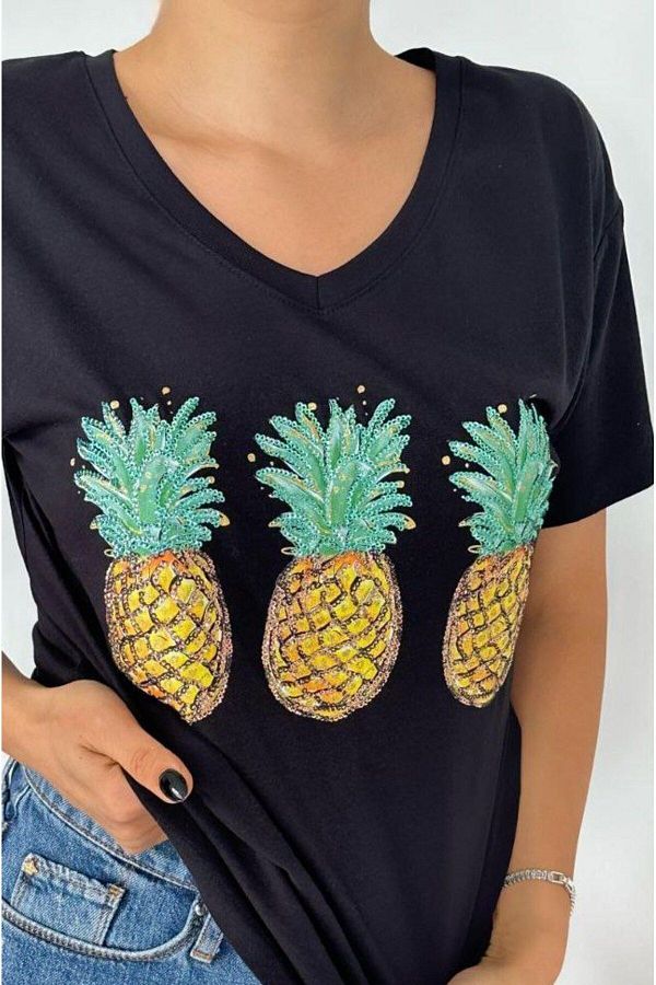 Likanya Black V Neck T Shirt Glitter Sequin Sequin Pineapple Print Single Jersey Fabric New Season Trendyol