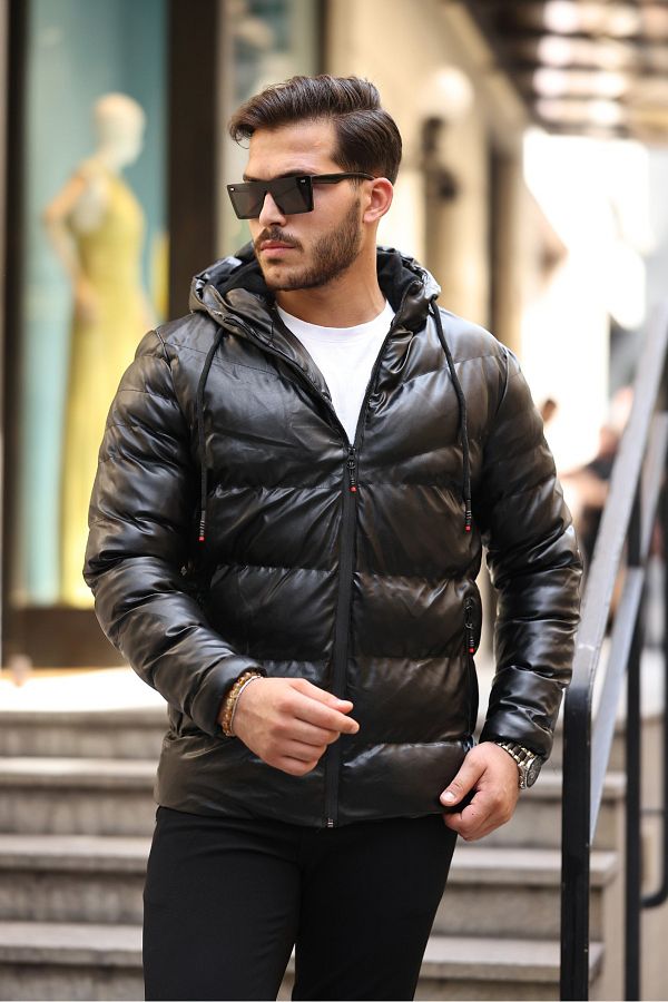 Leather hooded puffer jacket hot sale