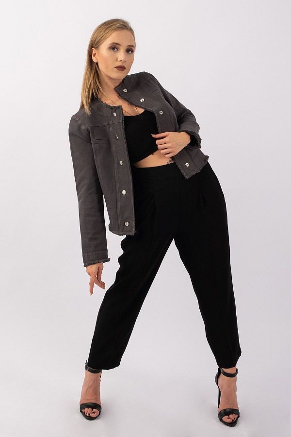 Bold & Young-Women's Anthracite Power Strech Snap Fastener Slim Fit Denim Jacket 1