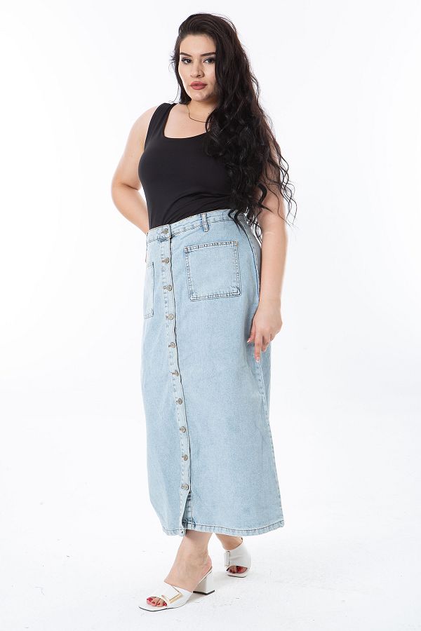ans Plus Size Blue Denim Skirt Front Button 65N38289 Trendyol