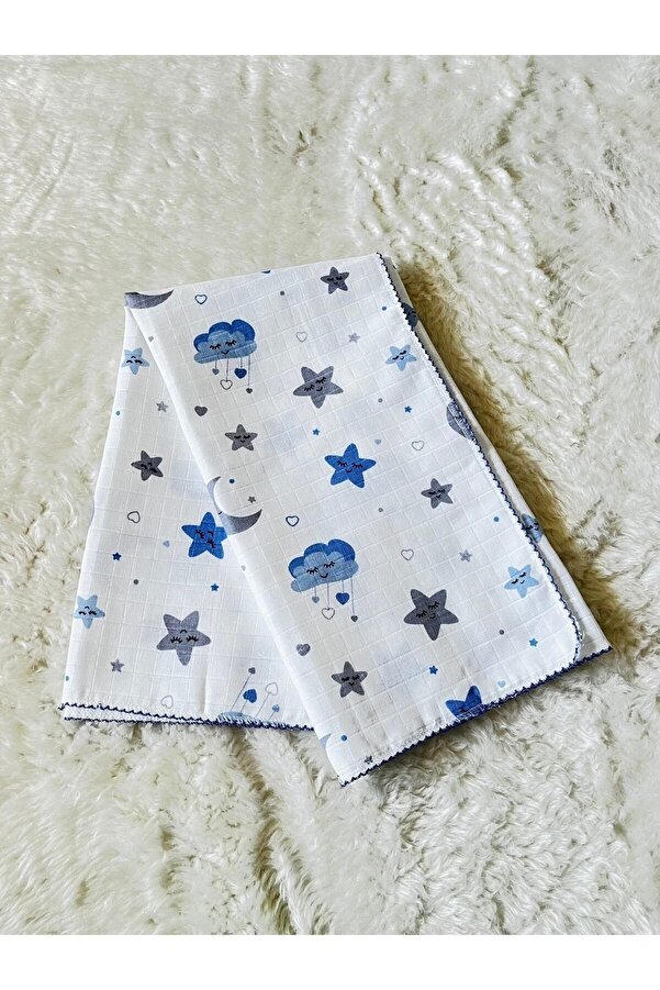 anne dokunuşu gibi KUZUM BEBE Mavi Ayyıldız Bulut Desenli Müslin Kumaş Erkek Kız Bebek Kundak Battaniye