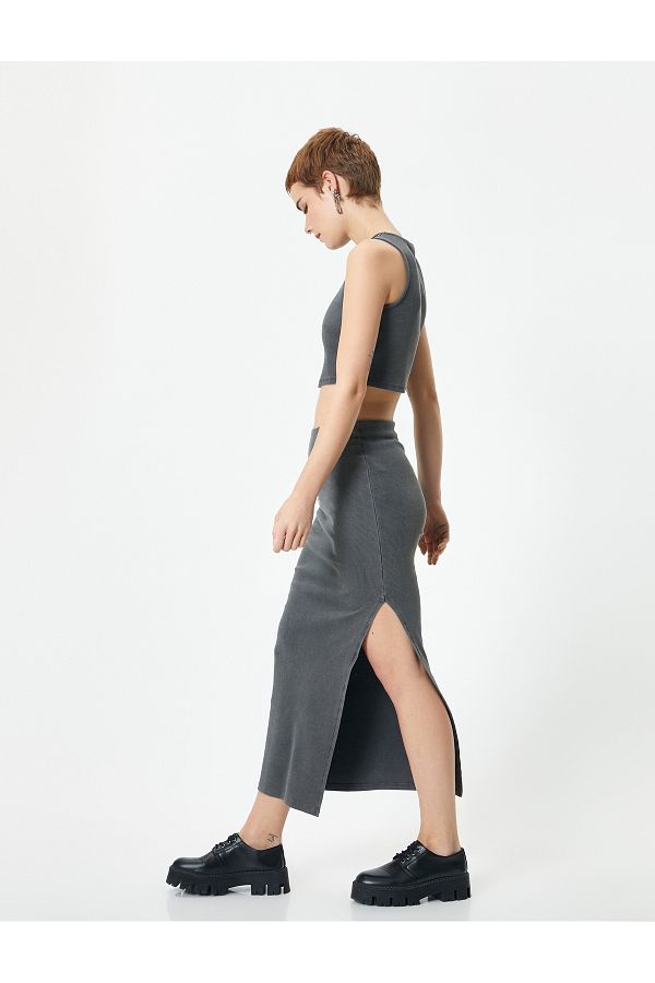 Koton High Waist Corduroy Pencil Skirt Long and Side Slits Trendyol