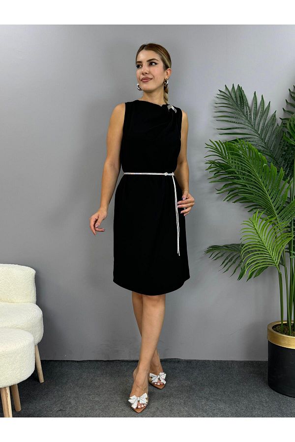 MODAMLABUT K Satin Black Dress Weps Silver Belt and Buckle Detail Trendyol