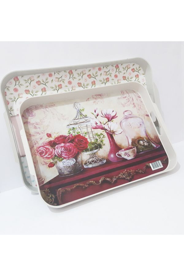 renkli çiçekler-2 Piece Tea Tray Patterned Rectangular Plastic Tea Tray Serving Tray 1
