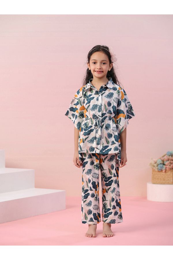 Sanskrutihomes By Styli-Leaf Print Collared Kaftan & Pyjama Set 1