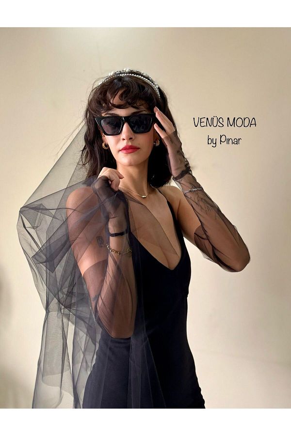 VENÜS MODA by Pınar-100cm Asymmetrical Tip Black Veil - 2 Layers with Buckle 1