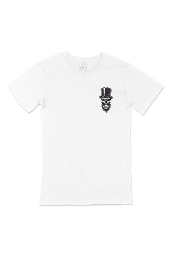 Cix-Tricou alb cu design de logo cu buzunar cu cap de craniu cu pălărie 1