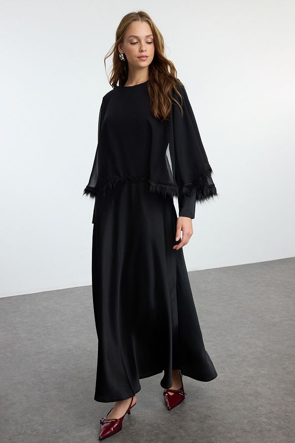 Trendyol Modest-Abendkleid aus gewebtem Chiffon – Schwarzer Umhang TCTAW25DB00005 1