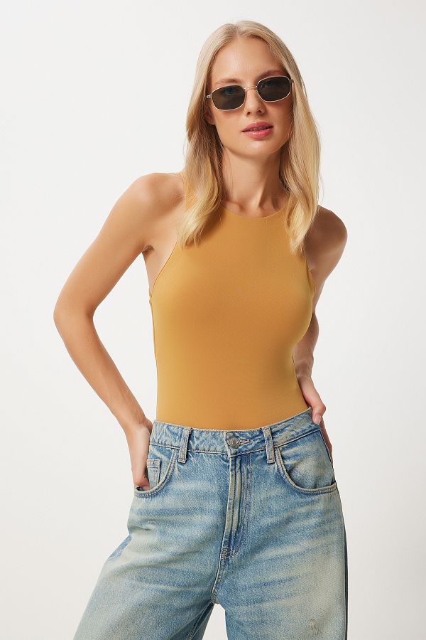 Happiness İstanbul-Senffarbener Damen-Body mit Rundhalsausschnitt und Druckknöpfen – FN03363 1