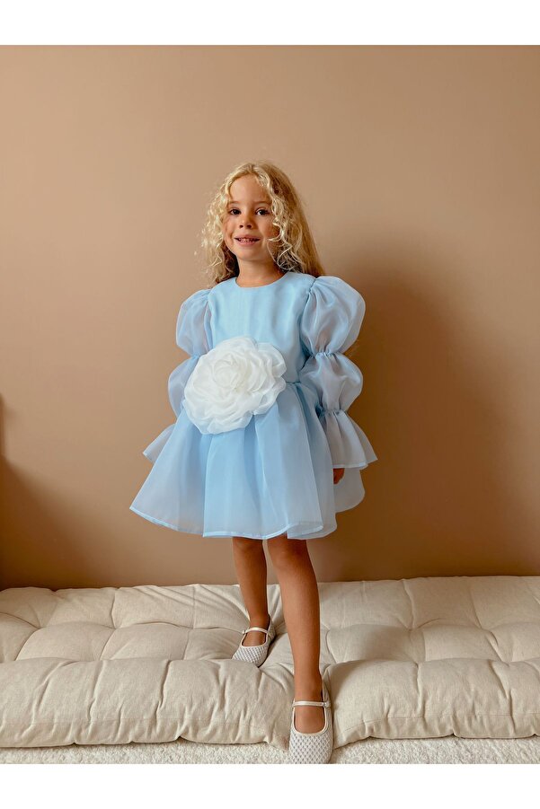 Linola Baby Kids Elsa Mavi Şifon Gül Detaylı Kız Çocuk Parti Elbisesi - Rose