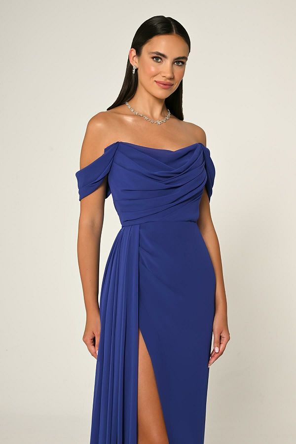 ALFABETA Saks Colorful Off Shoulder Evening Dress Slit Detail Homecoming Dress Ab6772 Saks Purple Trendyol