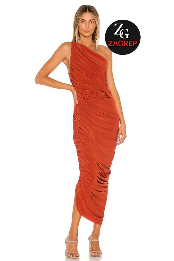 Zagrep-Brick Color Draped Midi Dress with One Shoulder Lining - Zippered and No Inner Display 1