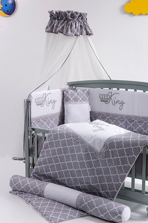 Mini Baby Uyku Seti Cibinlikli Kıng Gri Bebek 60x120 Ölçü