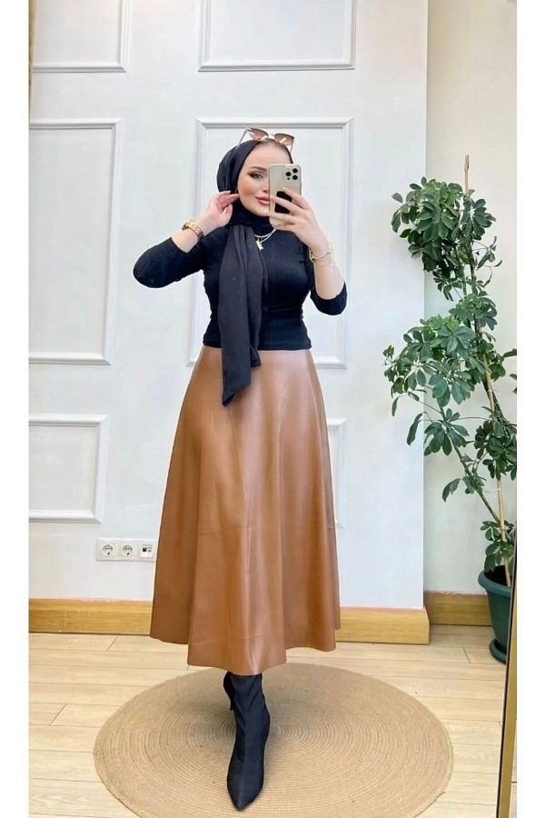 YILMAZBARMAZ Women s Mevlana Leather Skirt Tan Trendyol