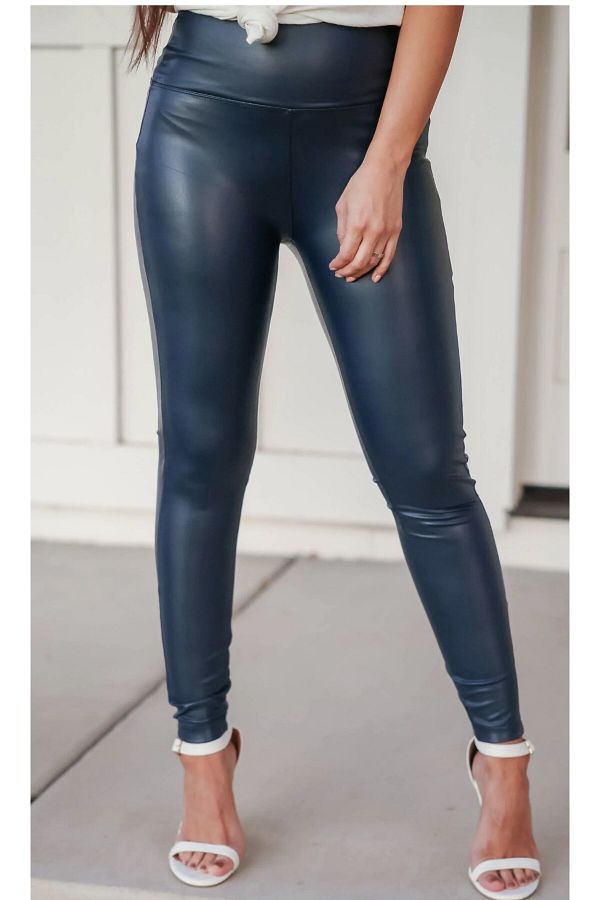 NYC G Y M TEKST L High Waist Navy Blue Leather Leggings Trendyol