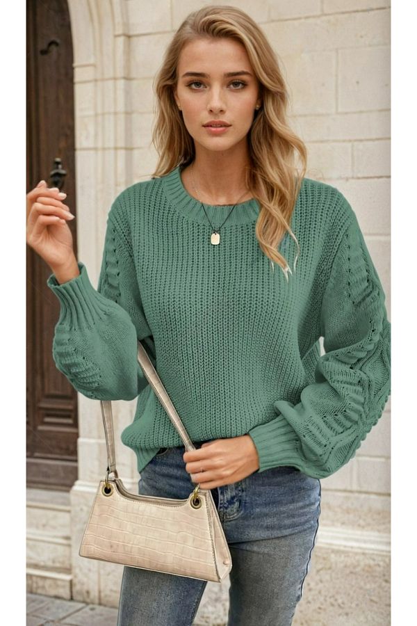 hanope Women s Balloon Sleeve Patterned Knitwear Knitted Mint Sweater Trendyol